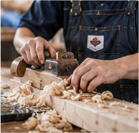 Handen die met een schaaf een houten lat bewerken, met krullen hout op de werkbank.