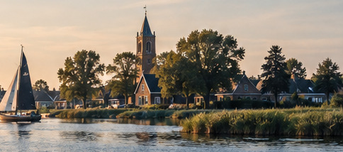 Fries dorp aan het water in avondlicht: een zeilboot op het water, een rietkraag langs de oever en een kerktoren tussen de bomen en de huizen.