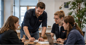 Vier jonge mensen om een tafel met laptops en papieren, staand en zittend in gesprek.