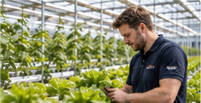 Man in bedrijfskleding controleert jonge planten in een kas, met lange teeltgoten die naar de achtergrond lopen.