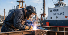 Lasser met masker werkt aan een stalen scheepsromp in een havenwerf, met een schip met de tekst made in Friesland erachter.