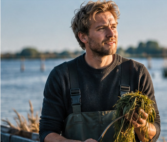 Man in werkkleding en waadbroek aan de waterkant, met een handvol waterplanten in zijn hand en open water achter zich.