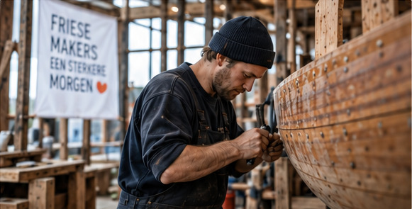 Scheepsbouwer met muts werkt met de hand aan de gangen van een houten romp, met achter hem een spandoek met de tekst Friese makers, een sterkere morgen.
