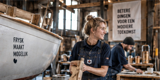 Vrouw in overall en werkschort in een oude scheepswerf naast een houten scheepsromp, in gesprek, met een spandoek over betere dingen op de achtergrond.